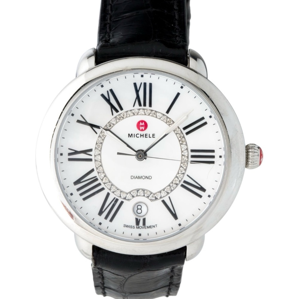 MICHELE Serein Mother of Pearl Diamond Dial Watch w/Extra Black Red Tan Straps